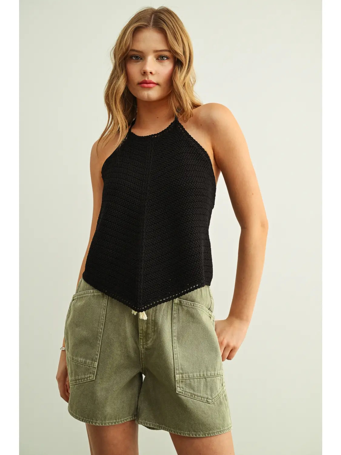 Crochet Knit Halter Top in Black