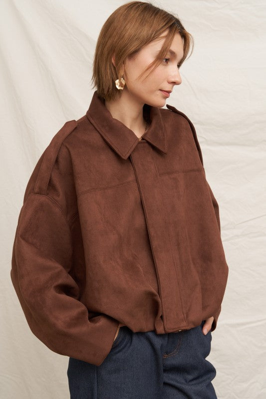 Suede Effect Bomber Jacket in Brown