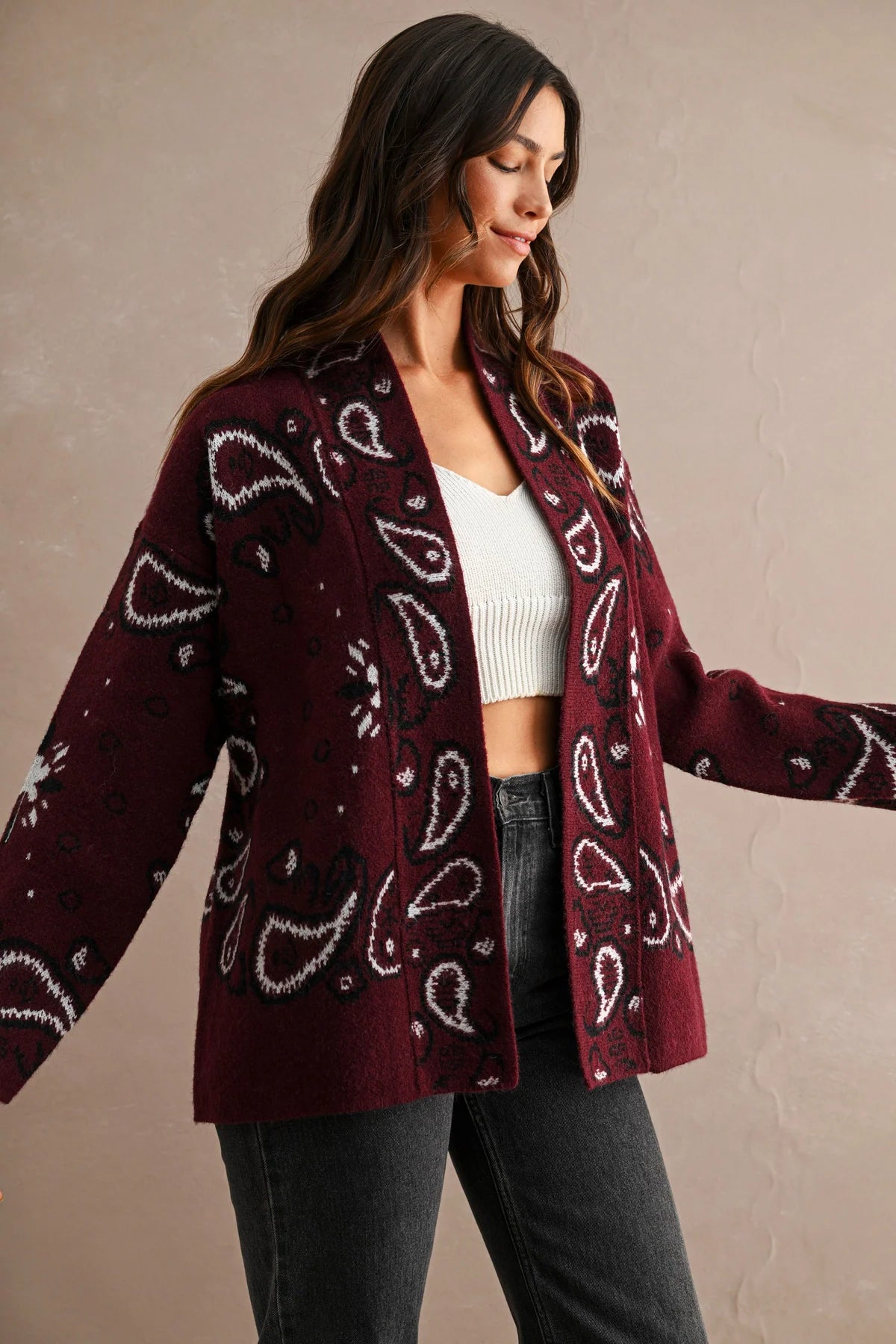 Paisley Knit Cardigan in Burgundy