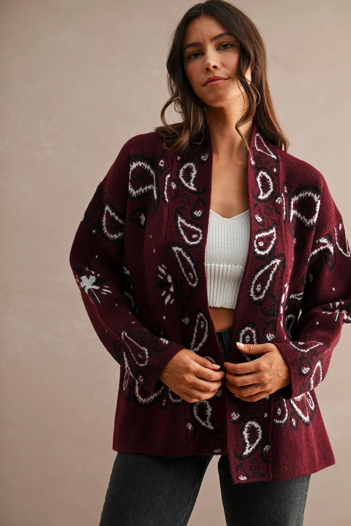 Paisley Knit Cardigan in Burgundy