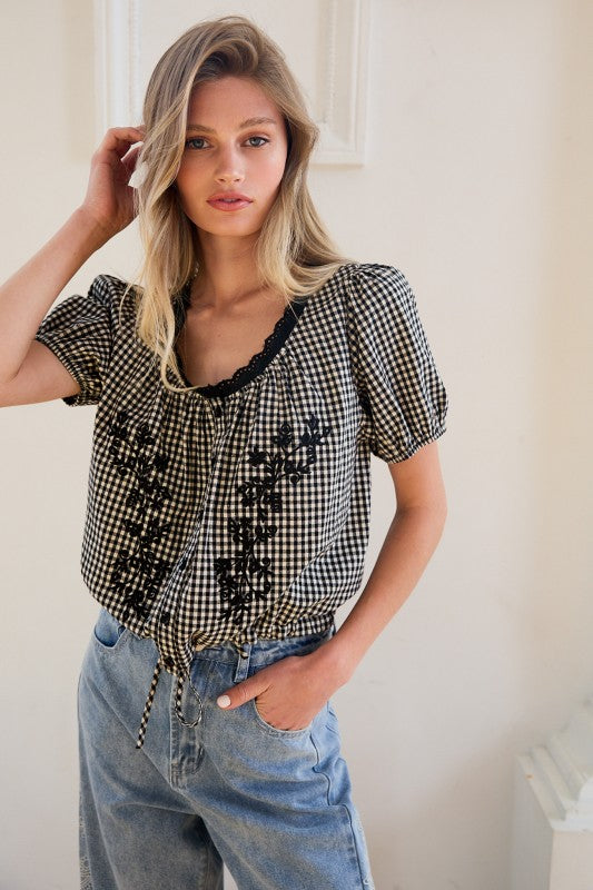 Linda Embroidered Gingham Top