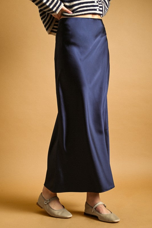 Katie Navy Satin Maxi Skirt