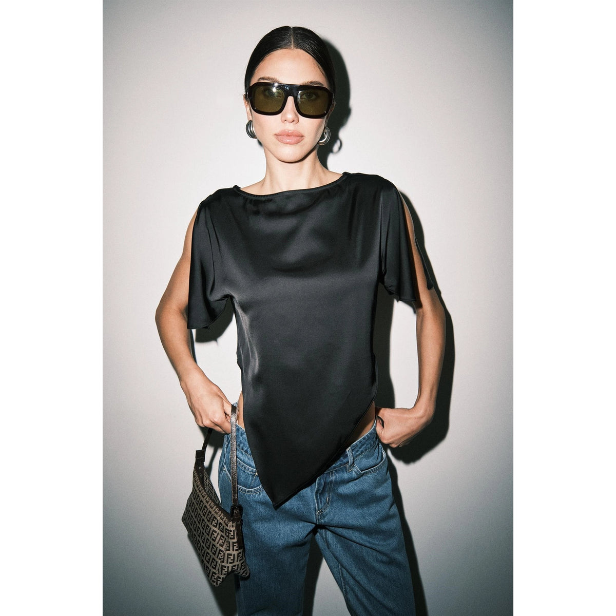 Mason Asymmetric Satin Top in Black