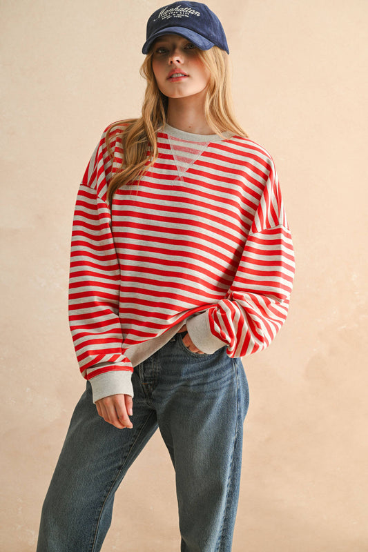 Lilly Stripe Pullover in Red/Grey