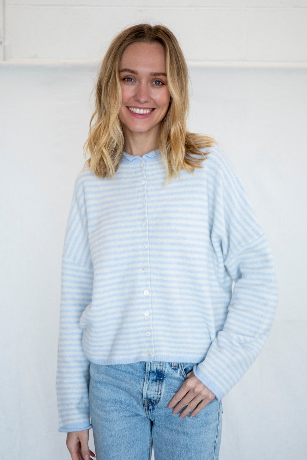 Mini Stripe Piper Cardigan in Light Blue