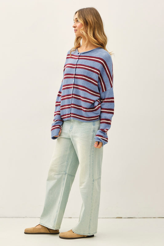 Varsity Stripe Piper Cardigan in Dusty Blue