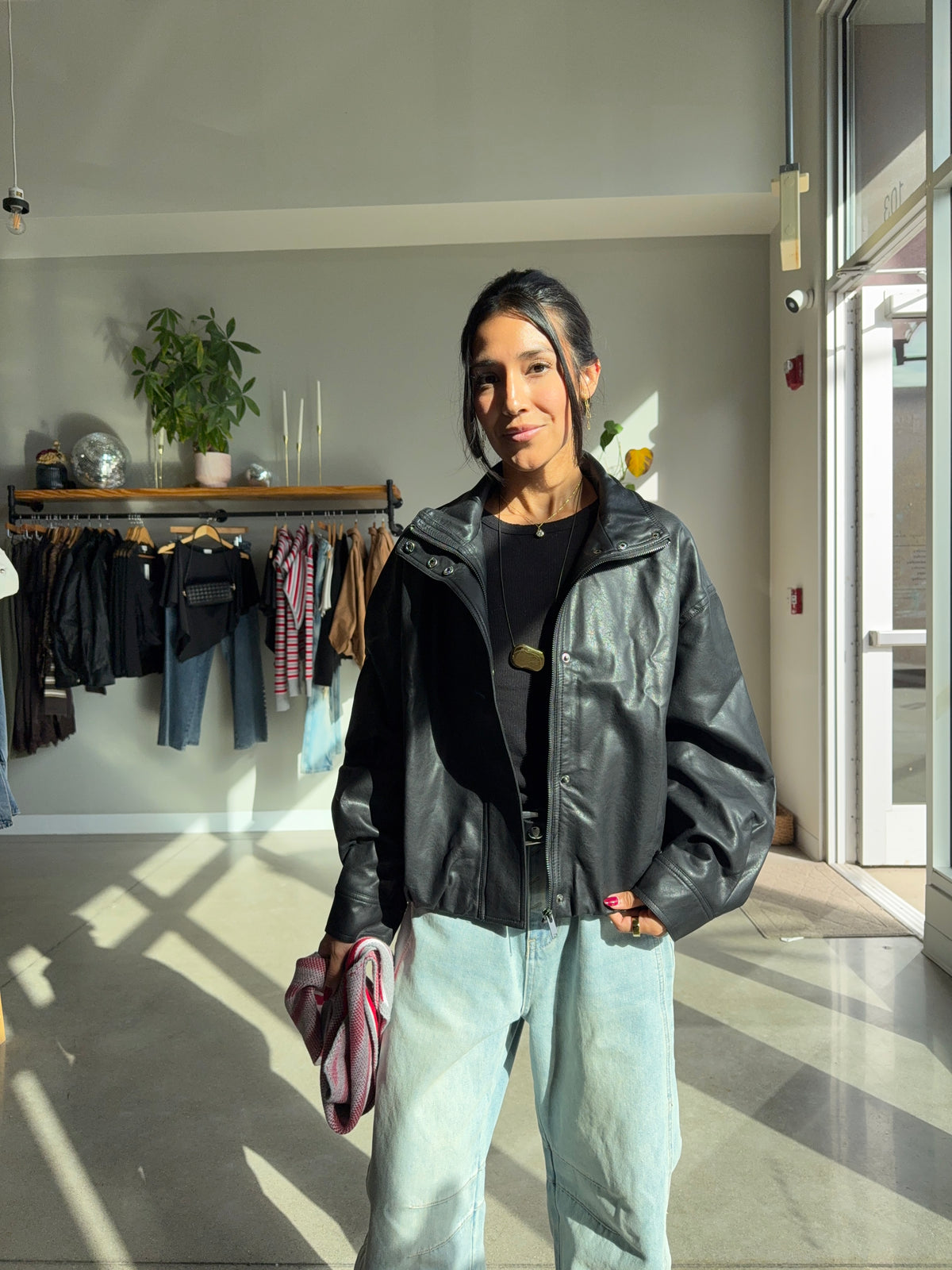Heather Black Leather Bomber Jacket