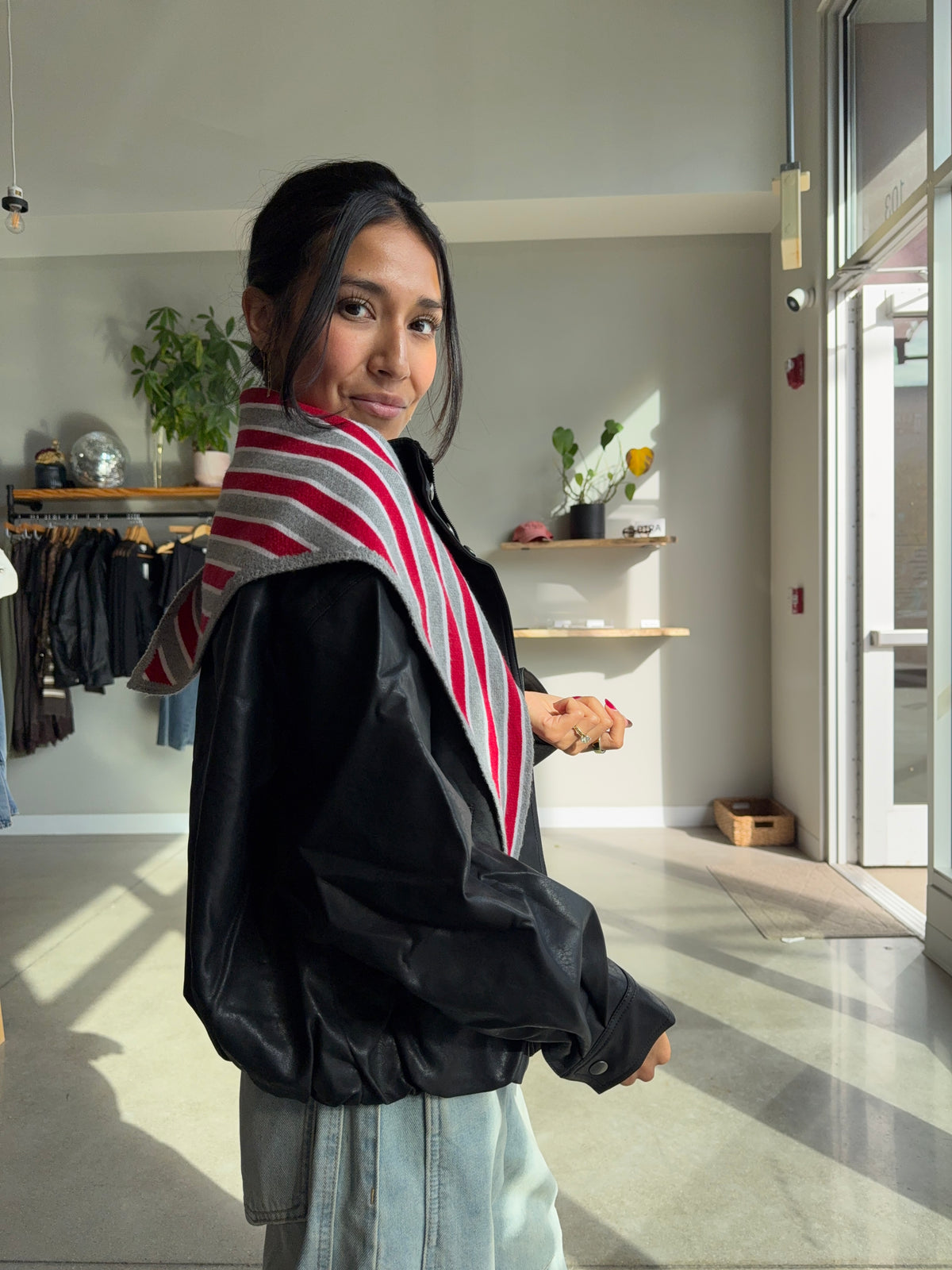 Heather Black Leather Bomber Jacket