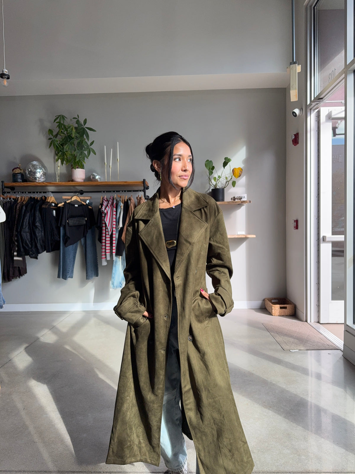 Olive Maxi Suede Trench