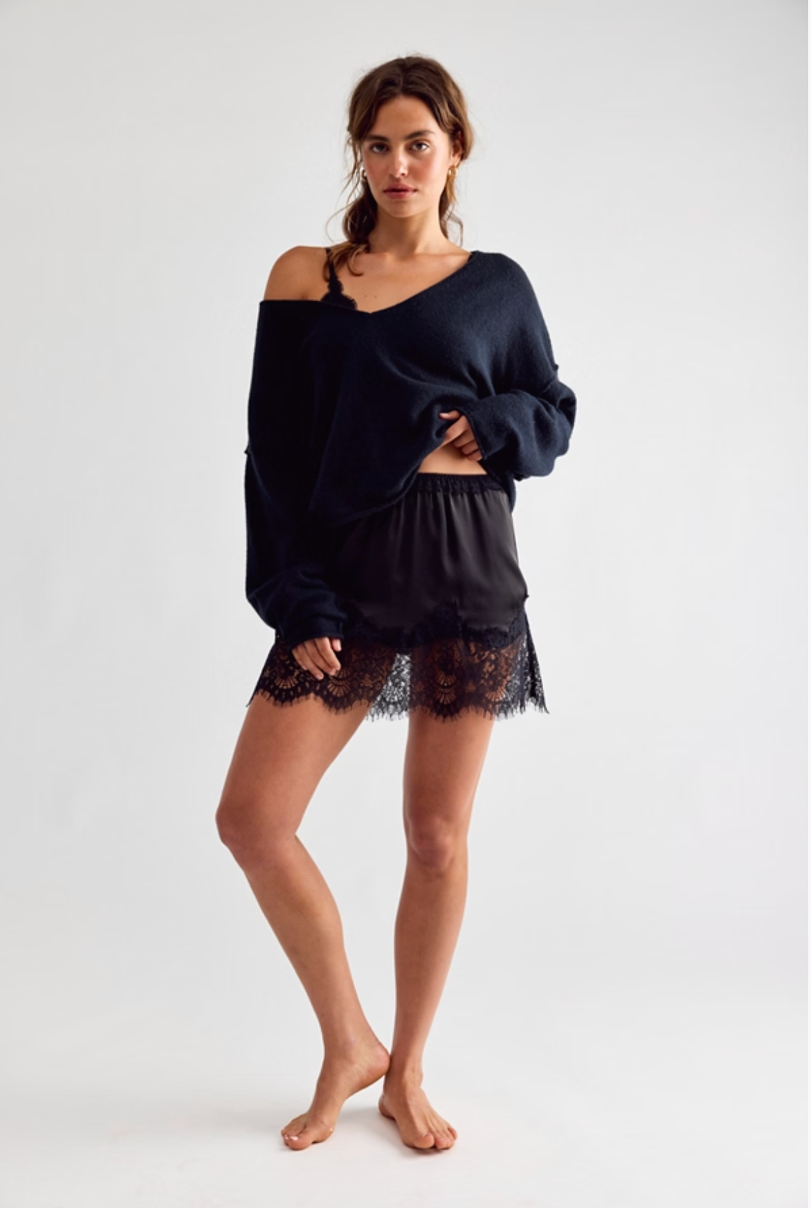 Meet Me In the Middle Mini Slip Skirt in Black