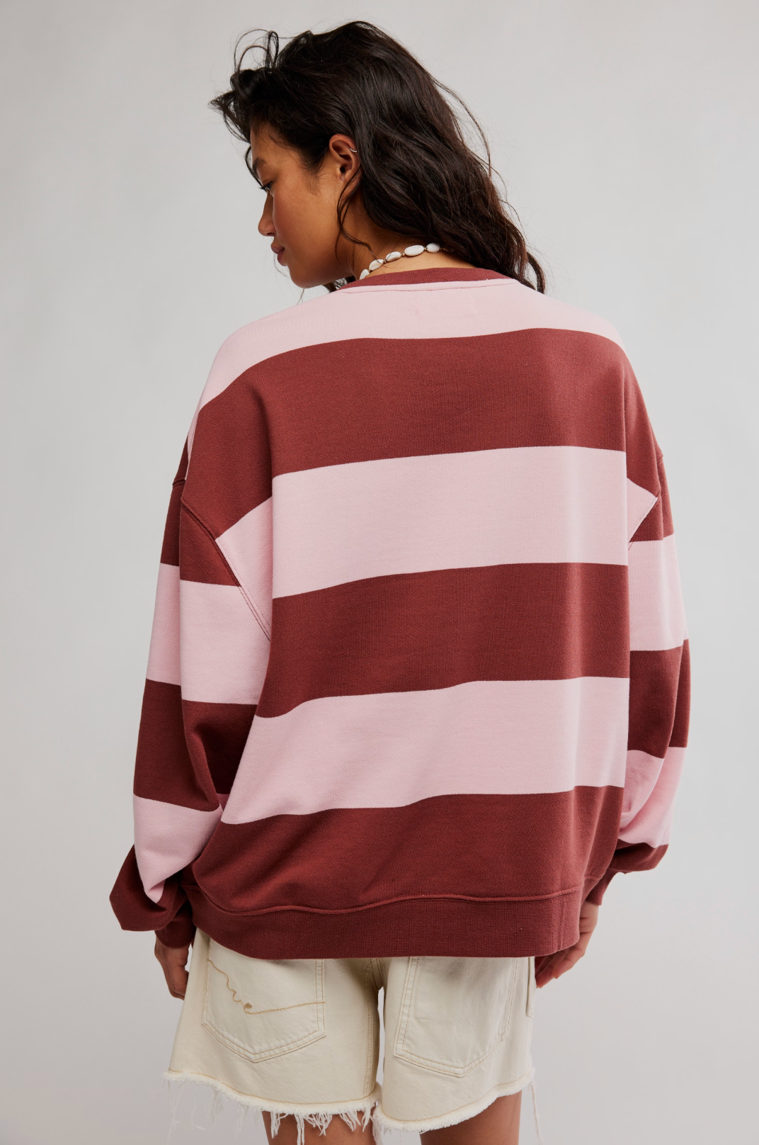 Classic Striped Oversized Crewneck in Strawberry Wine