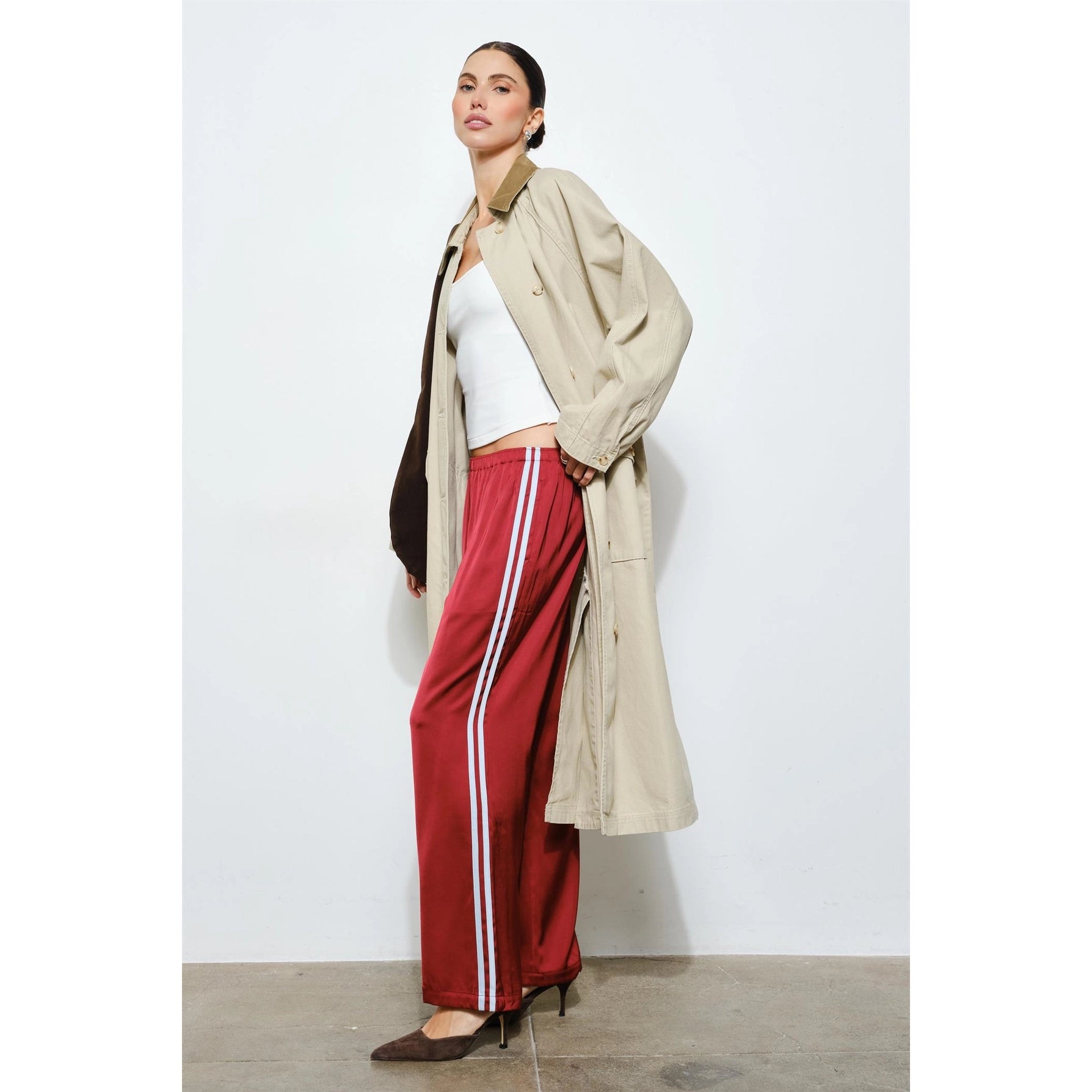 Belinda Satin Track Pants in Burgundy