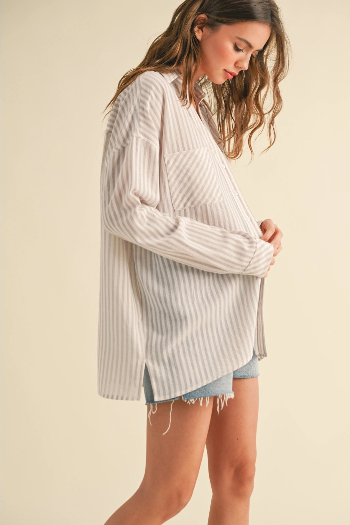 Beige Stripe Button Down