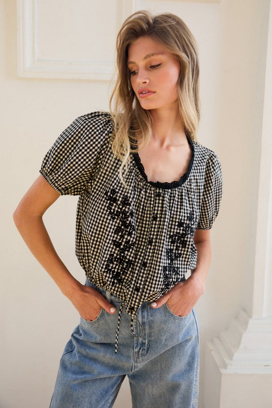 Linda Embroidered Gingham Top