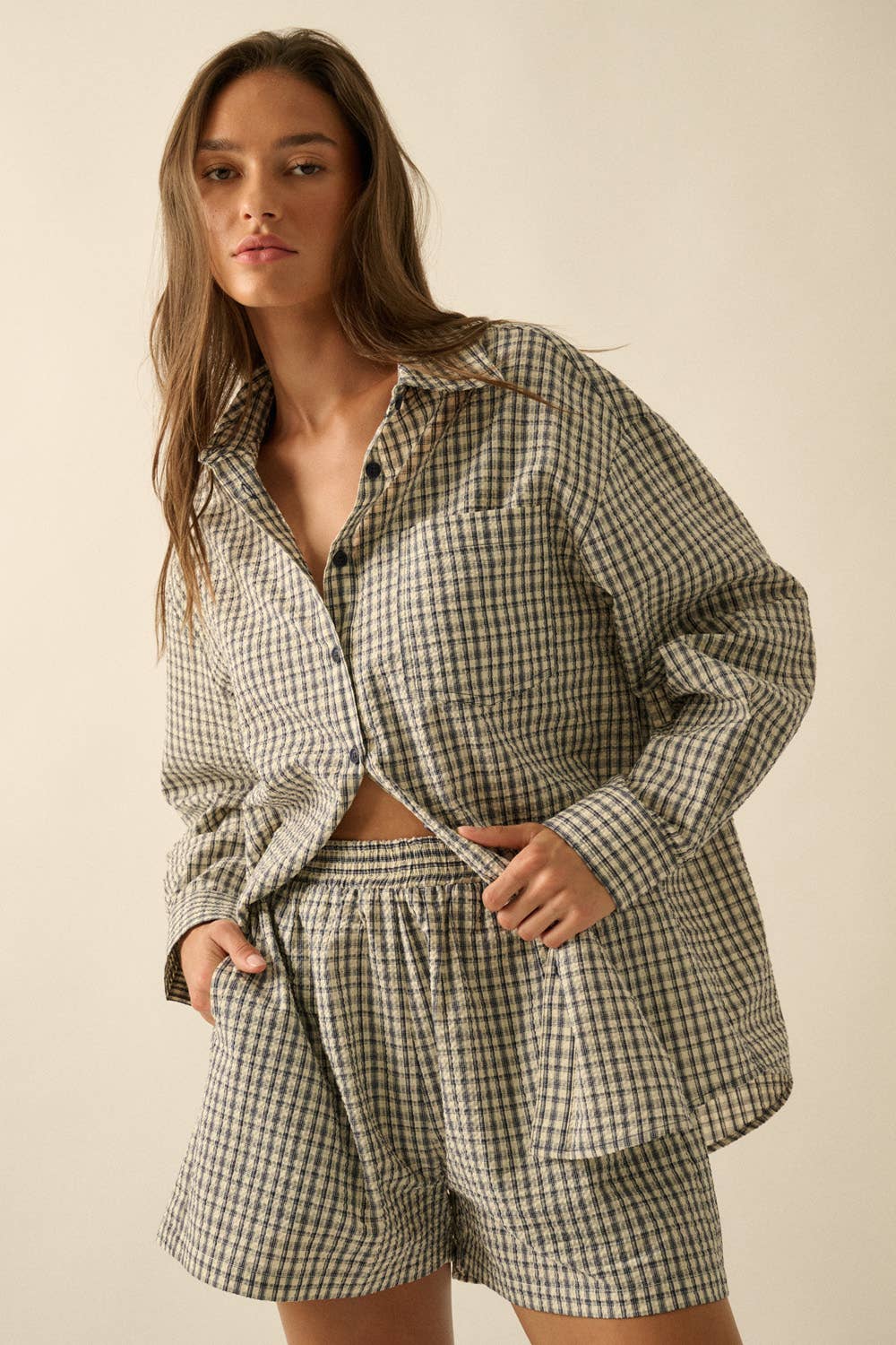 Sunny Sunday Plaid Seersucker Pleated Shorts