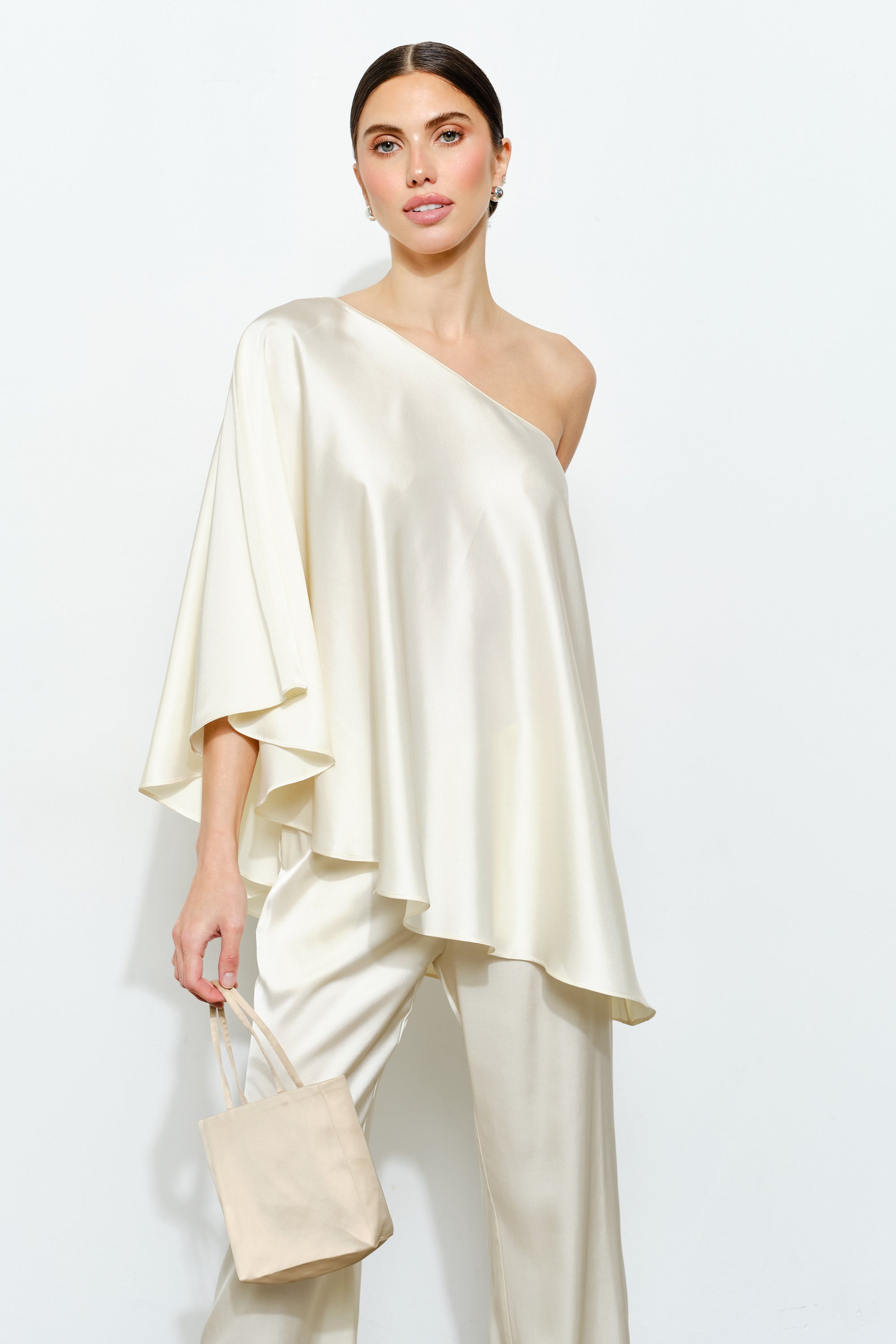 Satin One Shoulder Pancho in Cream