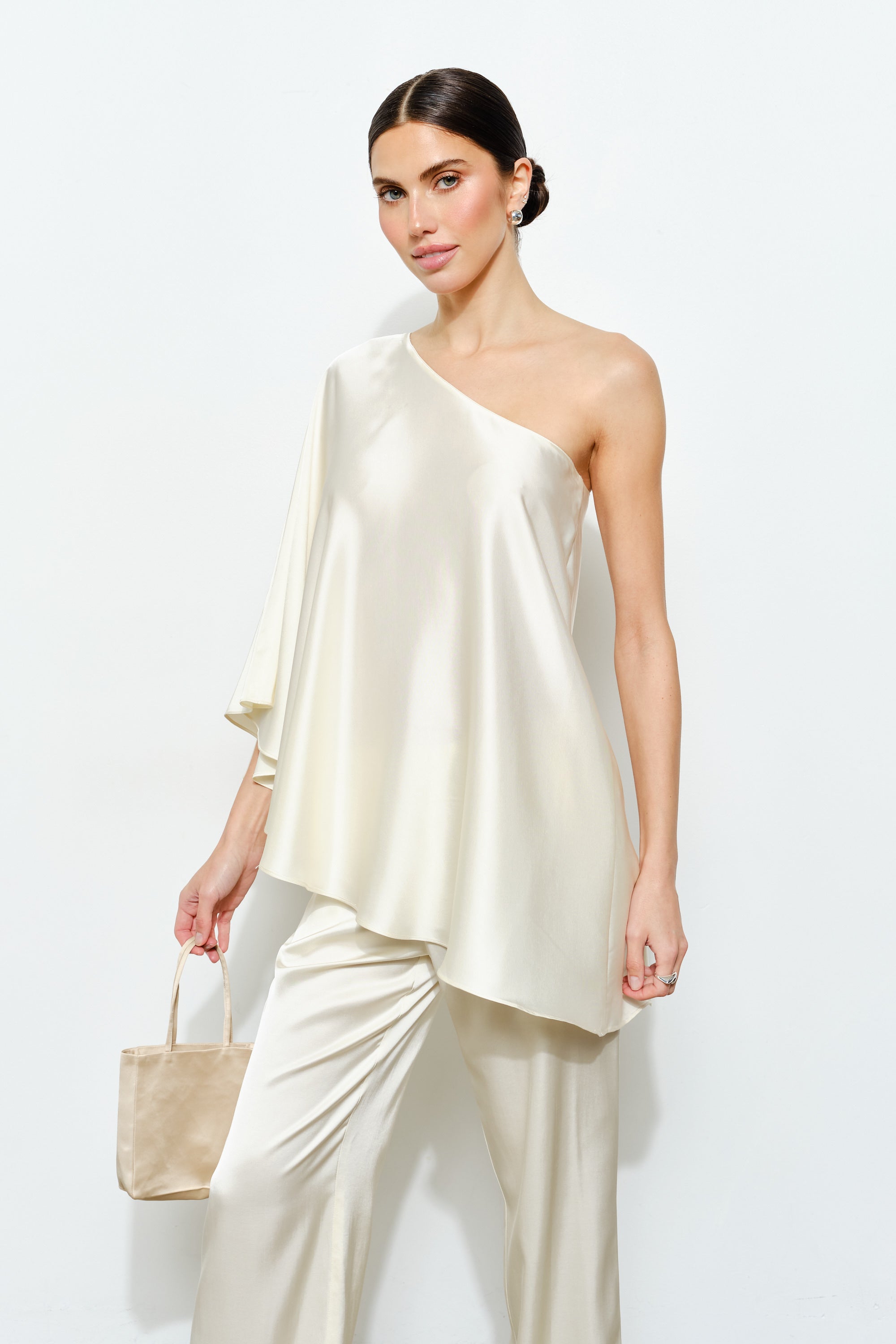 Satin One Shoulder Pancho in Cream