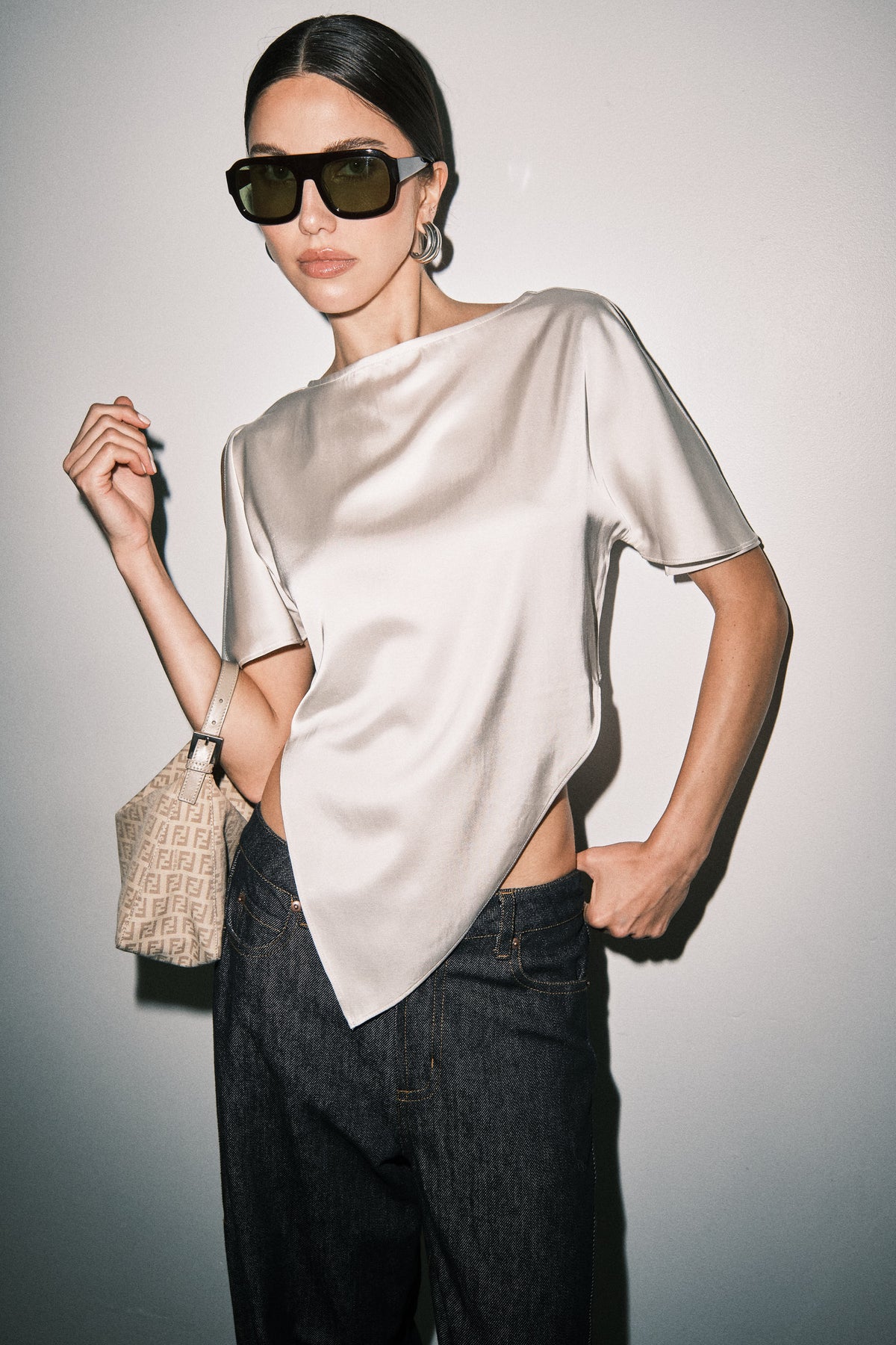 Mason Asymmetric Satin Top in Ivory