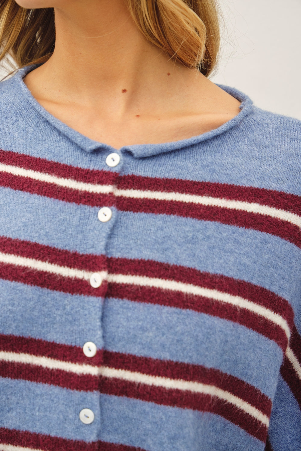 Varsity Stripe Piper Cardigan in Dusty Blue
