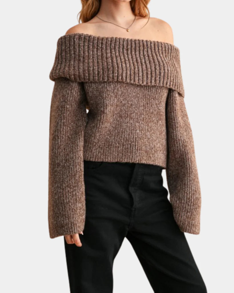 Tessa Off Shoulder Sweater in Brown