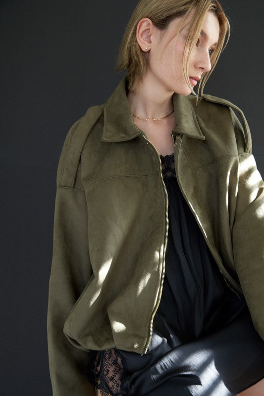 Suede Effect Bomber Jacket in Olive