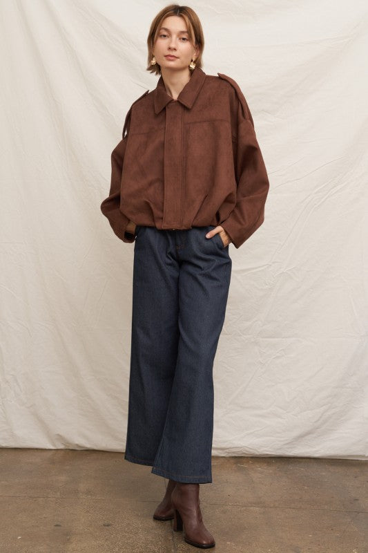 Suede Effect Bomber Jacket in Brown