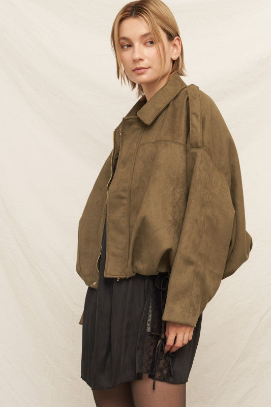 Suede Effect Bomber Jacket in Olive