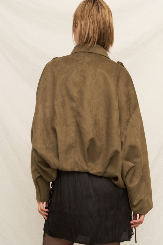 Suede Effect Bomber Jacket in Olive