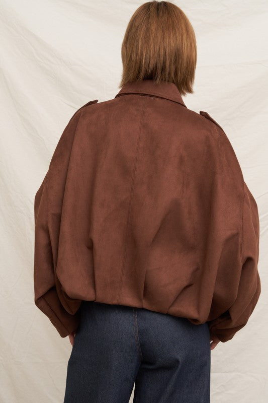 Suede Effect Bomber Jacket in Brown