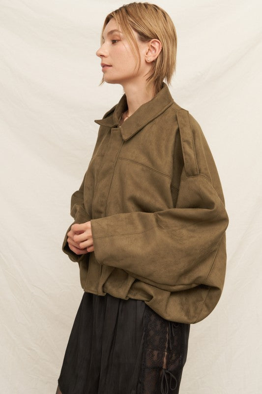 Suede Effect Bomber Jacket in Olive
