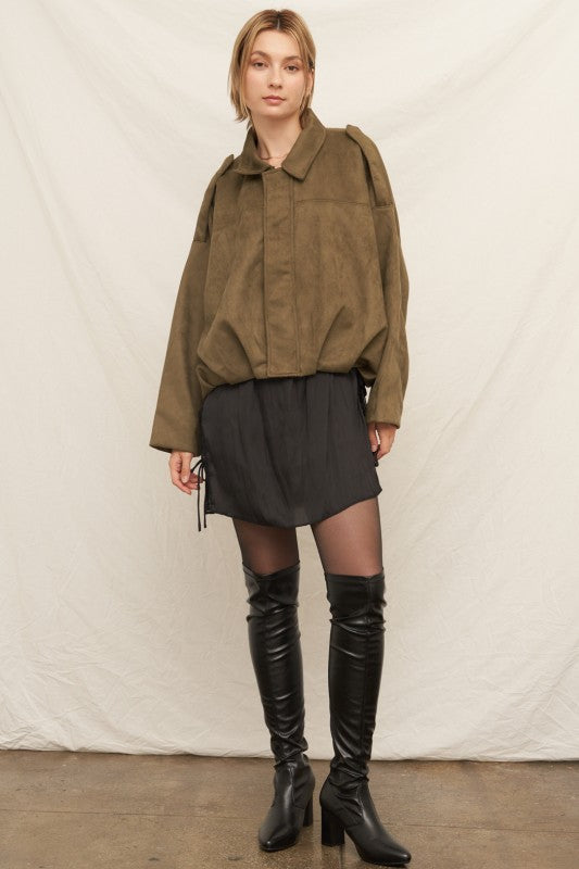 Suede Effect Bomber Jacket in Olive