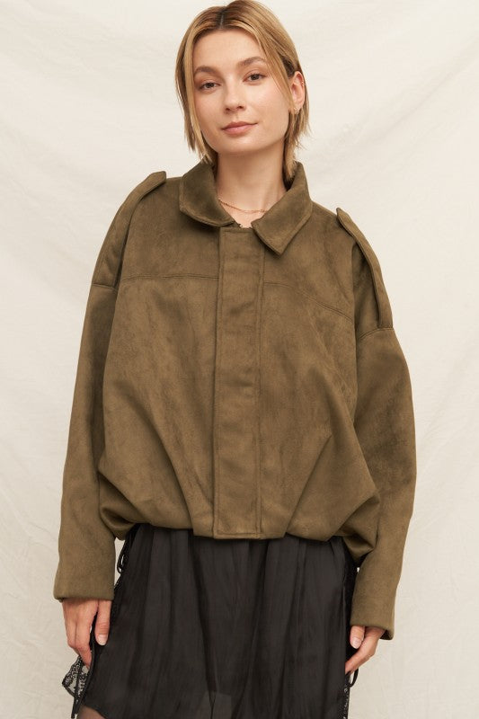Suede Effect Bomber Jacket in Olive
