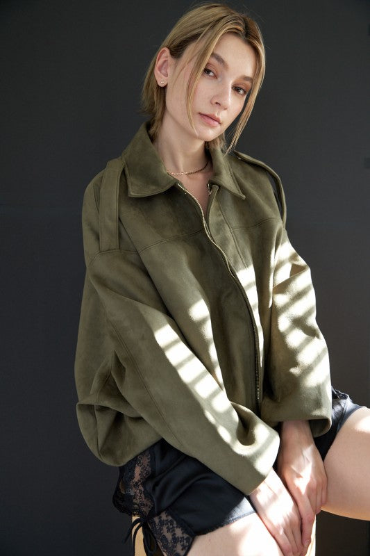 Suede Effect Bomber Jacket in Olive