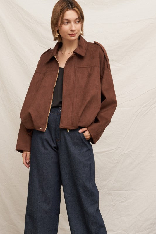 Suede Effect Bomber Jacket in Brown