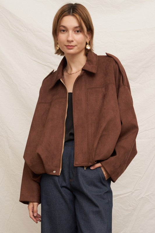 Suede Effect Bomber Jacket in Brown
