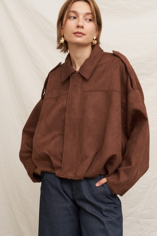 Suede Effect Bomber Jacket in Brown