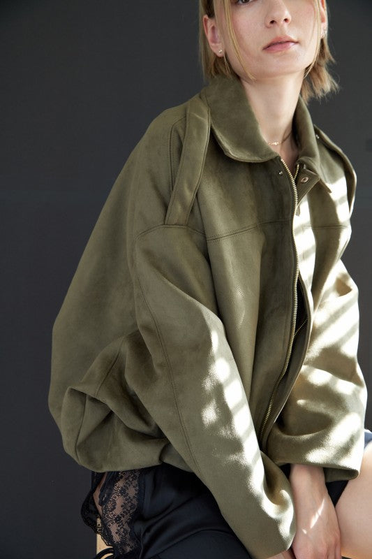 Suede Effect Bomber Jacket in Olive