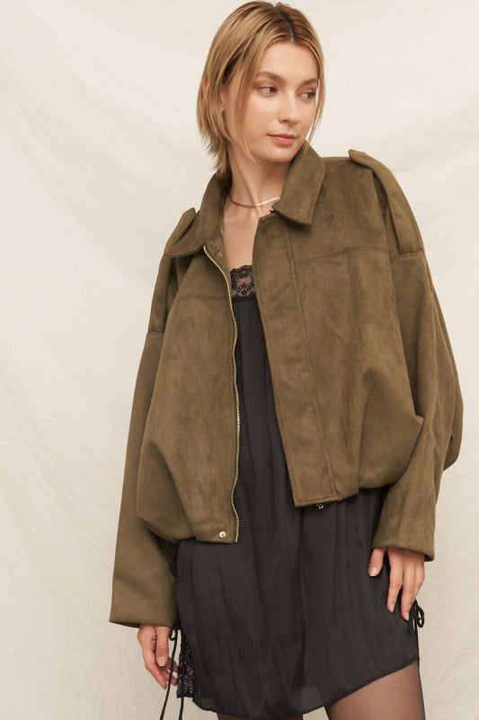 Suede Effect Bomber Jacket in Olive