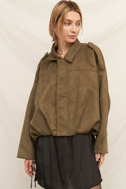 Suede Effect Bomber Jacket in Olive