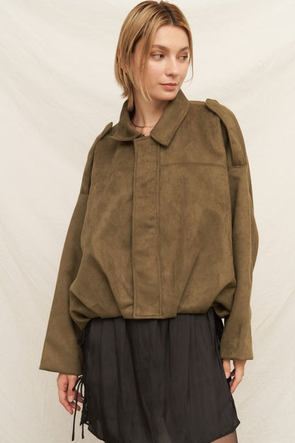 Suede Effect Bomber Jacket in Olive