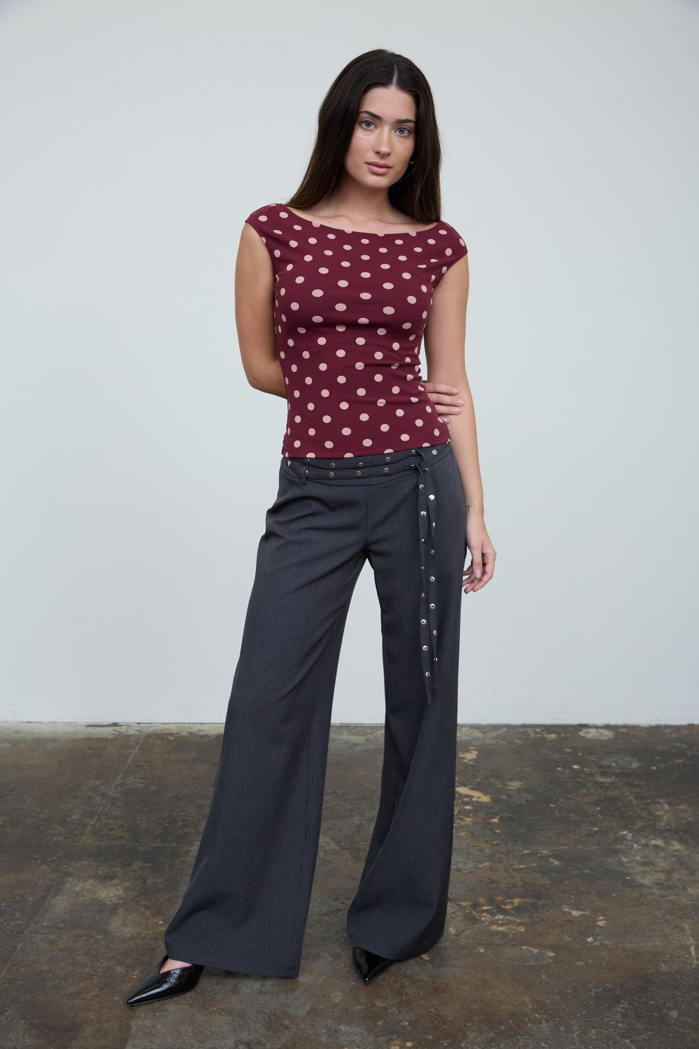 Polka Dot Boat Neck Tank in Burgundy