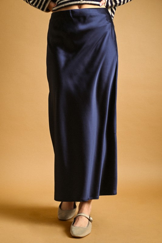 Katie Navy Satin Maxi Skirt