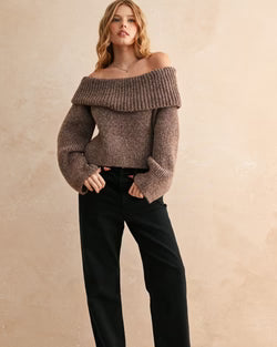 Tessa Off Shoulder Sweater in Brown