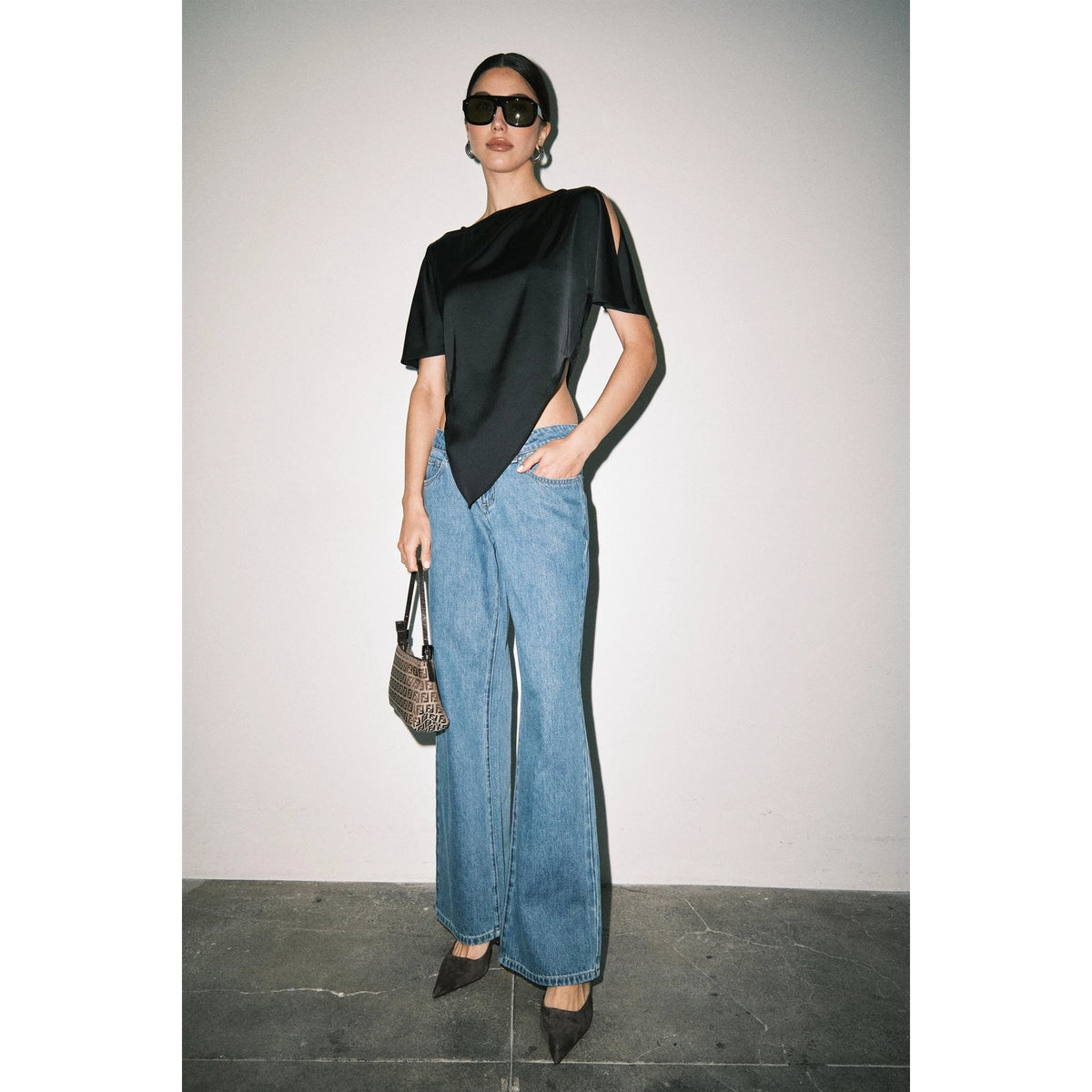 Mason Asymmetric Satin Top in Black
