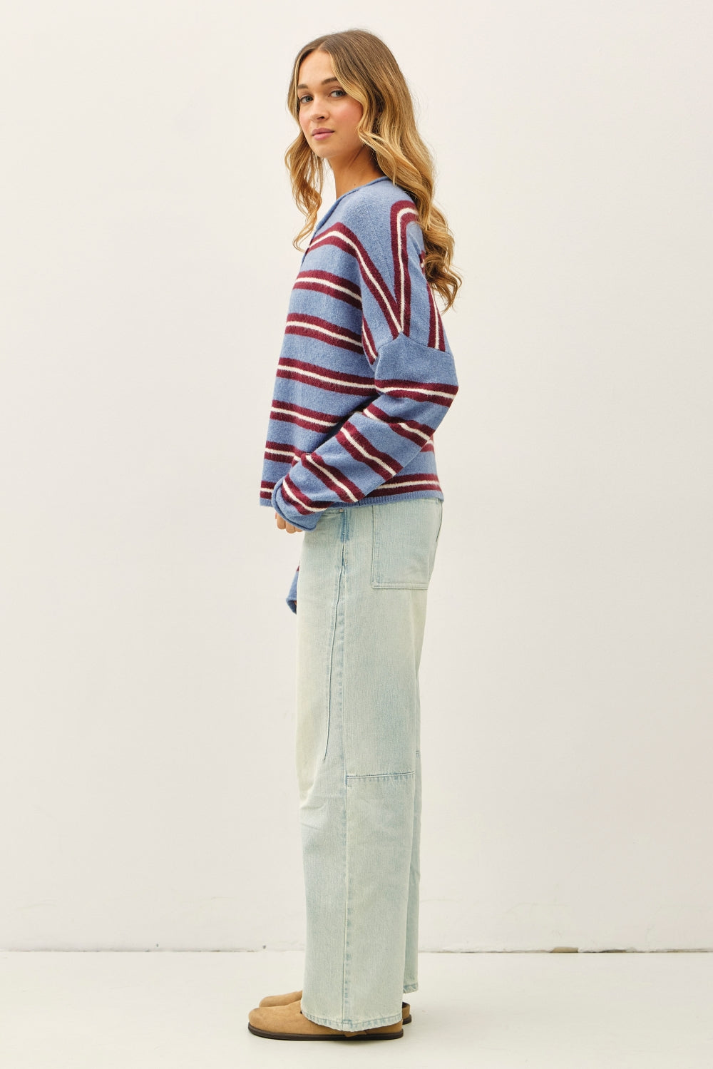 Varsity Stripe Piper Cardigan in Dusty Blue
