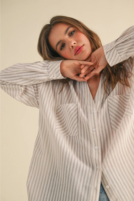 Beige Stripe Button Down