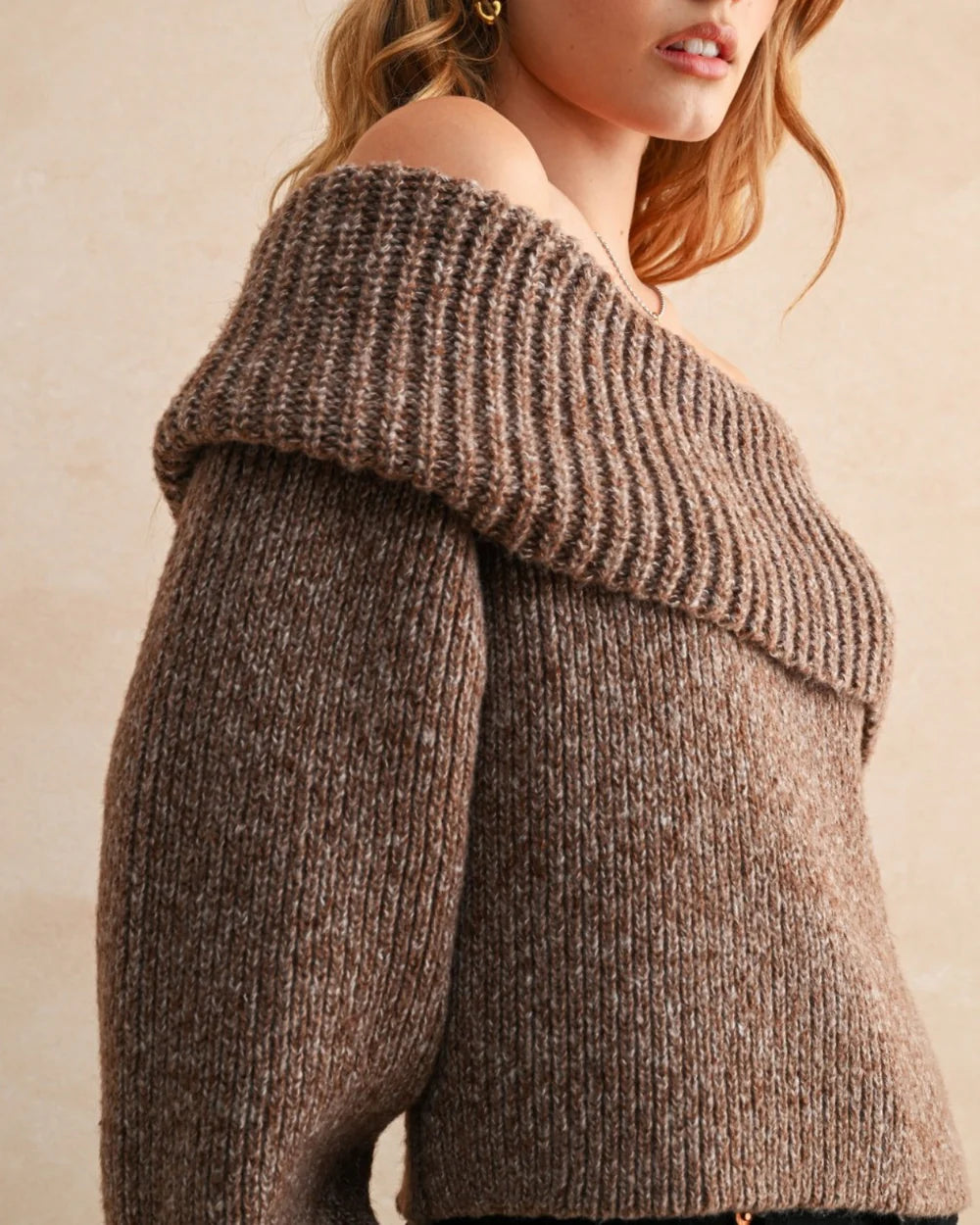 Tessa Off Shoulder Sweater in Brown