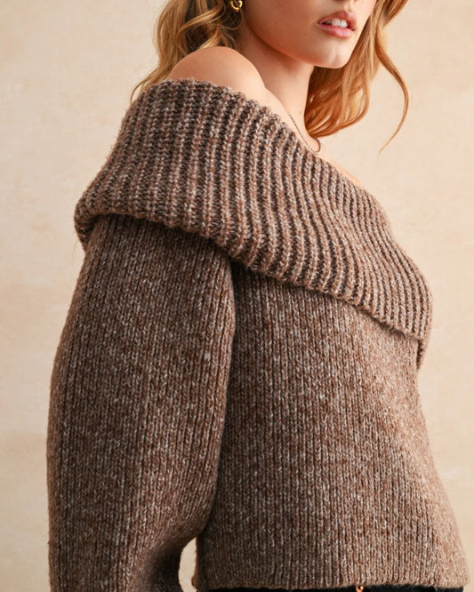 Tessa Off Shoulder Sweater in Brown