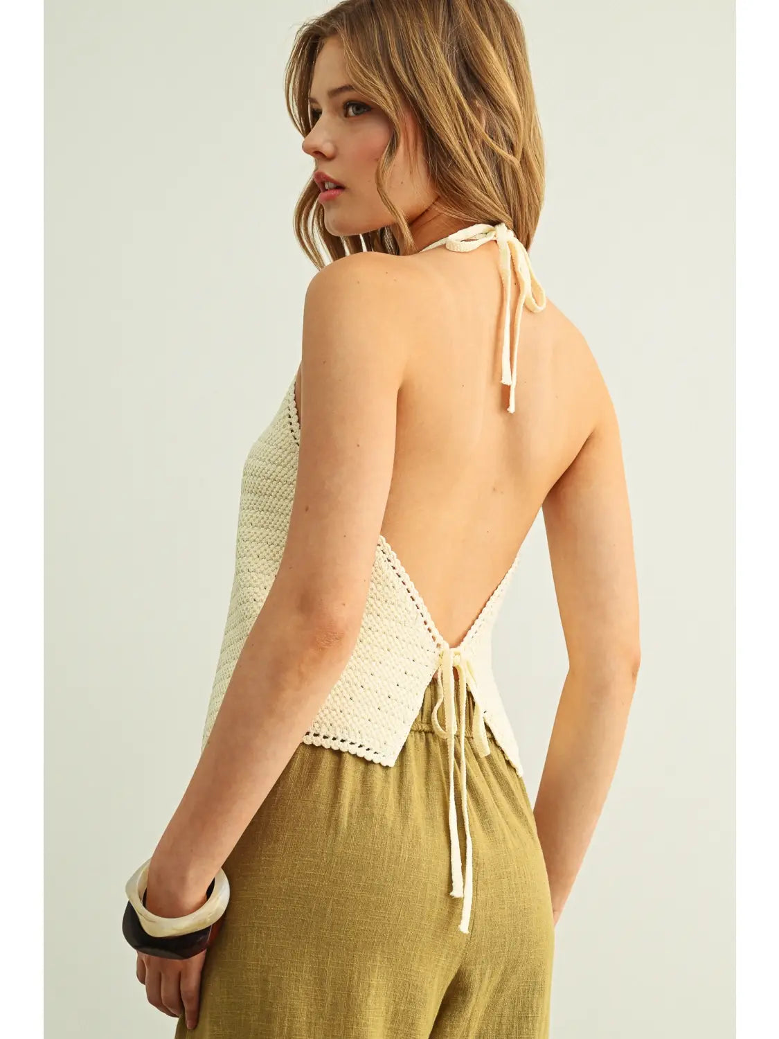 Crochet Knit Halter Top in Cream