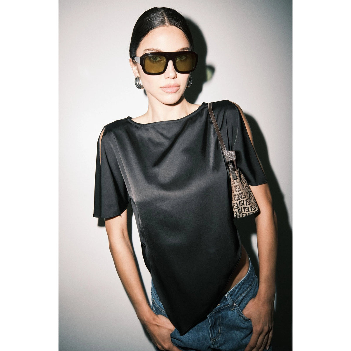 Mason Asymmetric Satin Top in Black
